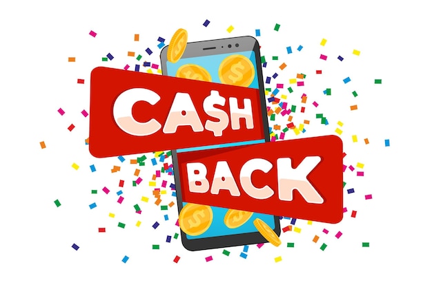 Cashback loyaliteitsprogramma concept. smartphone met geretourneerde gouden munten op het scherm en geld terug iscription. terugbetaling geld service ontwerp. mobiel bankieren bonus transactie symbool vector eps illustratie