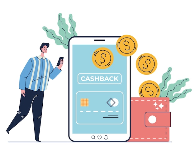 Кэшбэк деньги телефон смартфон перевод возврат денег концепция дизайн графическая иллюстрация
