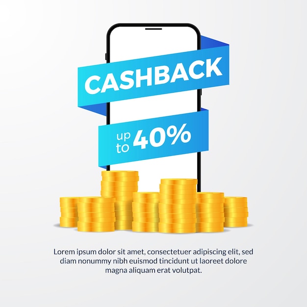 Cashback-promotie met illustratie van telefoon en gouden munten