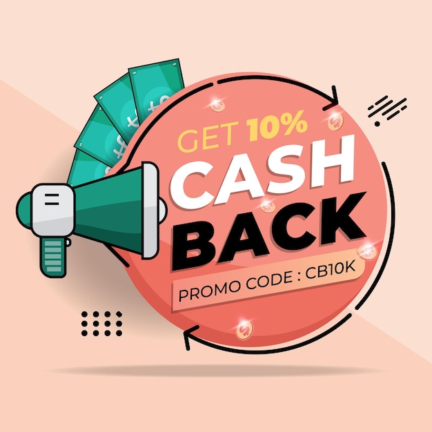 Cashback promotie verkoop korting 10% met promotiecode ruimte. promotie verkoop concept, promotie illustratie ontwerp