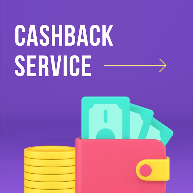 Cashback service shopping commercial reward finance bonus social media post design template 3d realistic vector illustration Buying goods with money refund banking guarantee financial discount