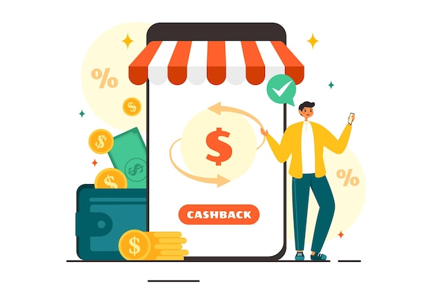 Cashback Vector illustratie met financiële betaling aan geld Cashback dienst voor een koper in een platte cartoon stijl achtergrond