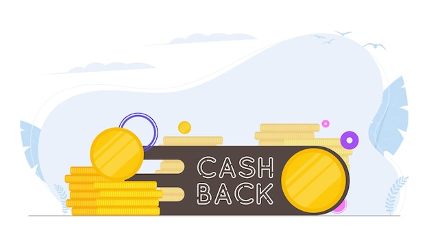 Cashbackbanner. Gouden munten. Samenstelling rond het thema geld terug en cashback. Vector.