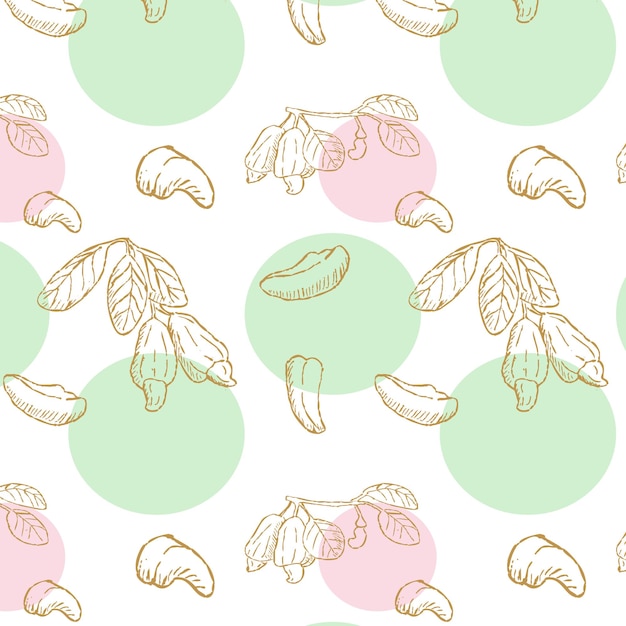 Кашу-орехи на бесшовном фоне с цветной круглой векторной иллюстрацией для упаковки бумаги текстильной пищи