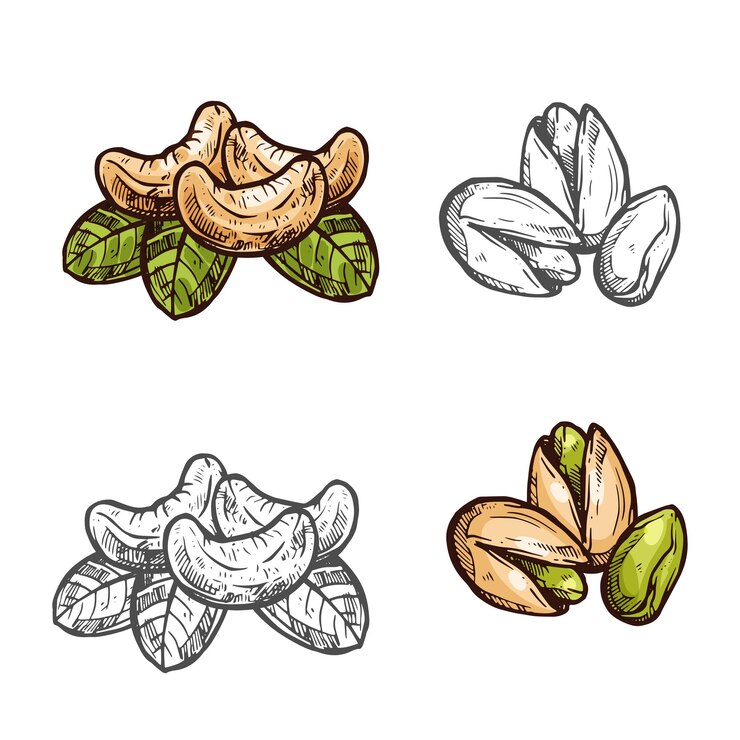 Vector cashew pistachio nuts vector fruits sketch icons