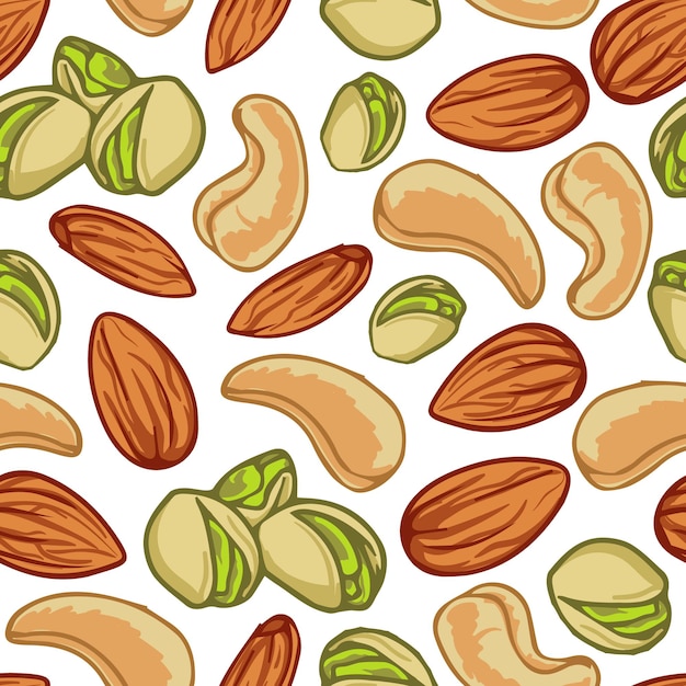 Cashewnoten, amandel en pistachenoten naadloos patroon. gekleurde noten op op witte achtergrond. hand getekend vectorillustratie.