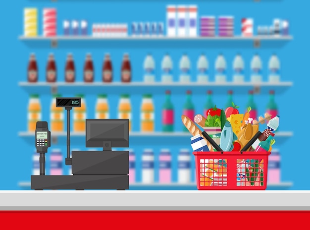 Cashier counter workplace. supermarket interior