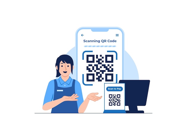 Vettore cassiere che mostra il pagamento digitale del codice qr senza contanti e portafoglio utilizzando lo smartphone per la scansione