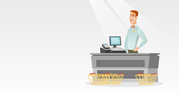 Vector cashier standing at the checkout in a supermarket.