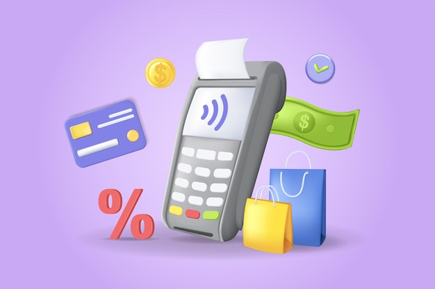 Cashless payment concept 3D illustration Icon composition with cashless payment machine with check