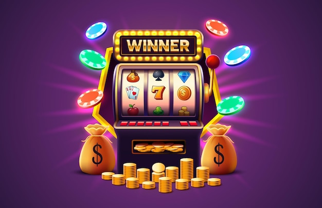 Casino 777 banner slots machine winner jackpot fortune of luck vector illustration