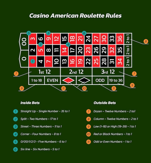 Vector casino american roulette rules. infographics of playing and payout of game. vector illustration.