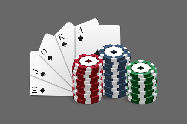 Фишки для казино и покера в сочетании с комбинацией royal flush. векторная иллюстрация в реалистичном стиле.