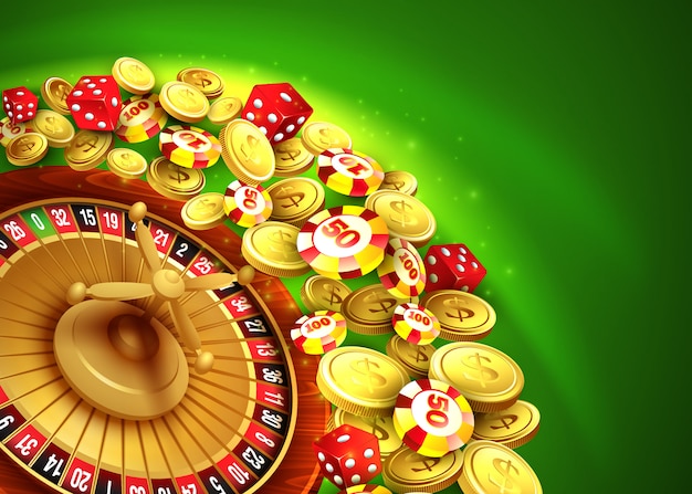 Vector casino background with chips, craps and roulette.