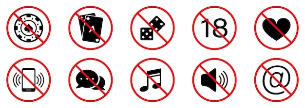 Casino Ban Silhouette Icon Set Forbid Poker Card Blackjack Pictogram Mute Phone in Casino Symbol