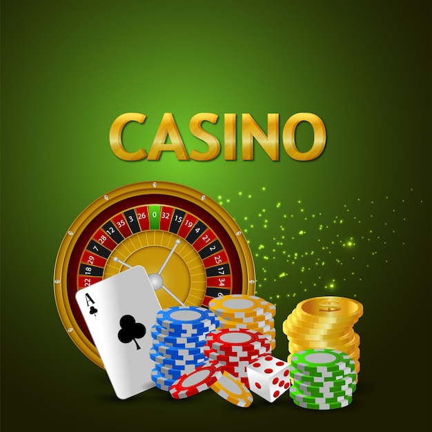 Banner di casinò con moneta d'oro creativa, ruota della roulette e carta da gioco