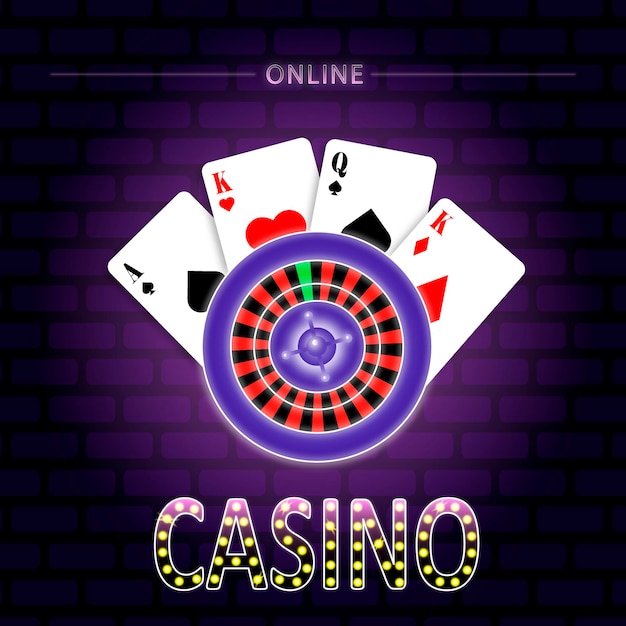 Casino banner With roulette and playing cards on a dark background