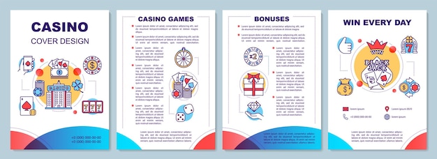 Vector casino brochure template layout. gambling. card games, slots, betting. flyer, booklet, leaflet print design with linear icons. vector page layouts for magazines, annual reports, advertising posters