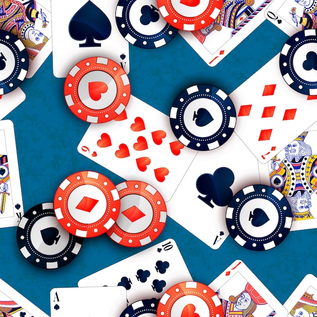 Chip del casinò e carte da poker sulla tavola blu, modello senza cuciture