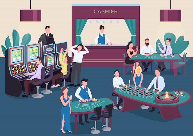 Illustrazione di colore del casinò. le persone giocano a poker al tavolo. l'uomo gira la ruota della roulette. donna alla slot machine. personaggi dei cartoni animati del giocatore d'azzardo in interni con cassiere sullo sfondo