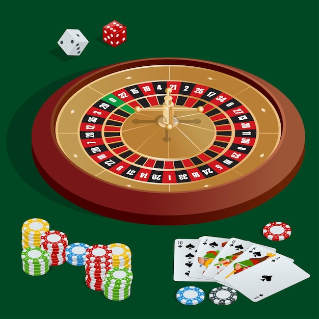 カジノのコンセプト。カード、チップ、クラップス、ルーレットのカジノの背景。フラット3dベクトル等角図。