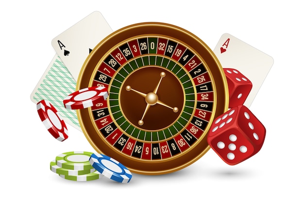 Vettore concetto di casinò. roulette del casinò, fiches, dadi e carte isolati su priorità bassa bianca. illustraton casinò gioco d'azzardo, gioco di roulette