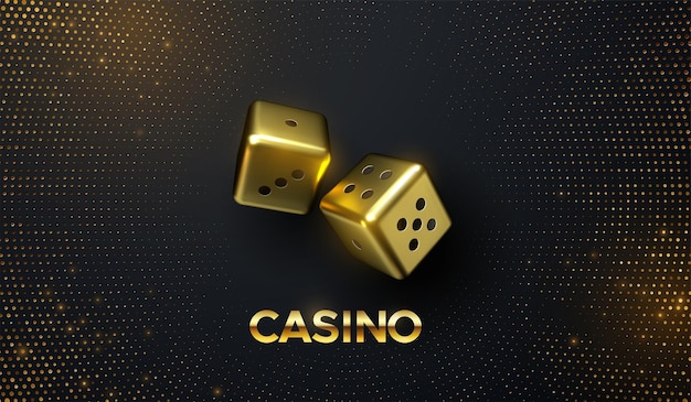 Casino concept of golden dices on black background with golden glitters