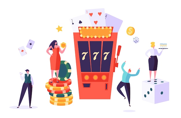 casino and gambling concept. people characters playing in games of fortune. man and woman play poker, roulette, slot machine.