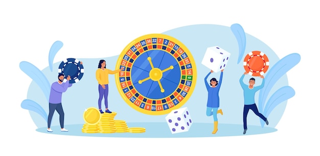 Casino and gambling concept people playing in games of fortune happy man and woman winning money in casino roulette characters jumping with poker chips and dice