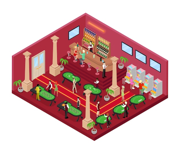 Vector casino gambling interior with roulette and croupier