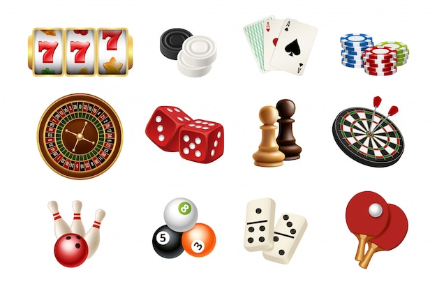 Vector casino and gambling sport games icons.  realistic chess, skittles, balls, casino roulette, slot machine