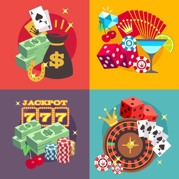casino gambling vector concept set with win money jackpot flat icons. roulette and fortune in blackj