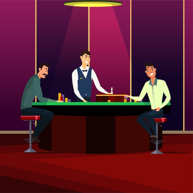 Casino gaming house illustration cheerful men playing roulette Casino interior decor gambling industry