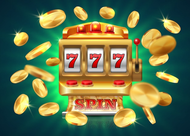 Casino gokautomaat. 777 jackpot, winnende loterij, vliegende gouden munten. gouden machine