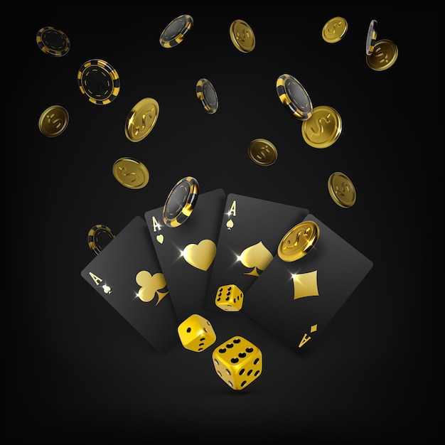Casino grote overwinning poster. Goud dobbelt zwarte speelkaarten vier azen en vallende pokerfiches en gouden munten. 3D-ontwerpelement voor gokken banner. vector illustratie