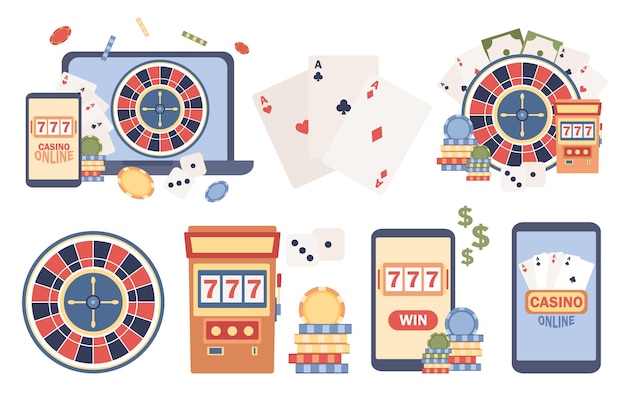 Vector casino icon set. slot machine, online poker, wheel of fortune, roulette. internet gambling concept.