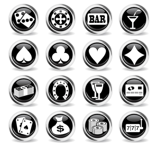 Vector casino icons on round black buttons with metal ring