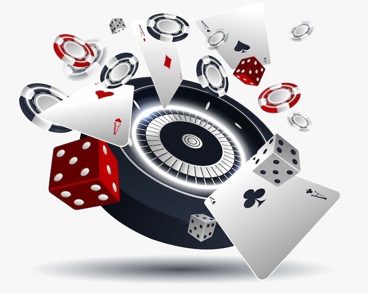Vector casino illustration with poker cards and roulette wheel