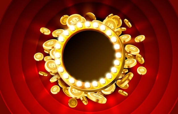 Casino lamp frame with gold realistic 3d coins background.