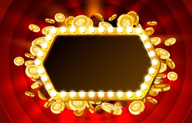 Vector casino lamp frame with gold realistic coins background