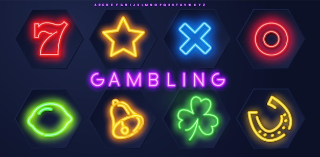 Vettore le insegne al neon del casinò impostano le carte da poker del gettone del vincitore del rischio della fortuna dadi la notte del trifoglio pubblicità luminosa ve