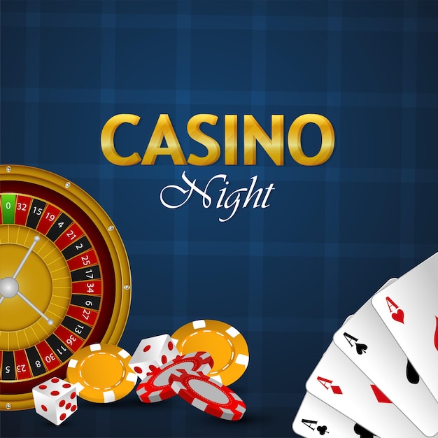 Banner notturno del casinò con carte da gioco di lusso vip, fiches del casinò e dadi