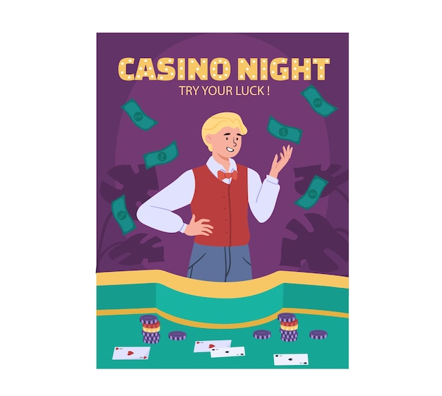 Concetto di notte del casinò uomo con banconote vicino a fiches e carte fortuna e fortuna gioco d'azzardo poster pubblicitario o banner intrattenimento e divertimento per il tempo libero illustrazione vettoriale piatta del fumetto