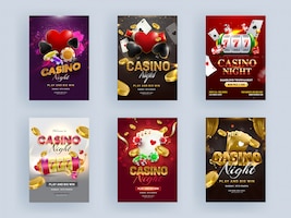 Casino night party flyer design with 3d slot machine, playing cards, golden coin and poker chip on different color background.