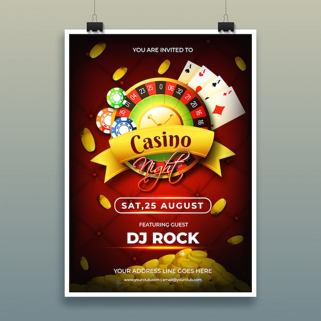 Modello di notte casinò o design flyer con chip, monete, giocando