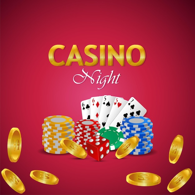 Ночь казино с творческой игральной картой, золотая монета с красочными фишками казино
