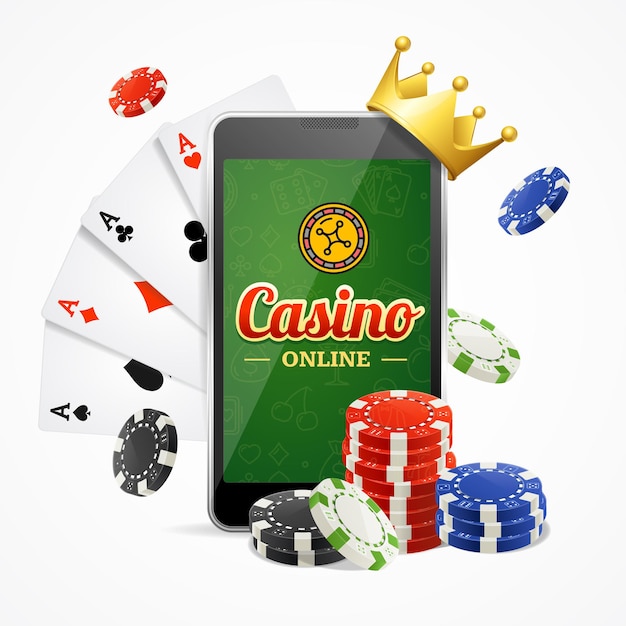 Casino online mobile concept with playing cards and poker chips on light background. vector illustration