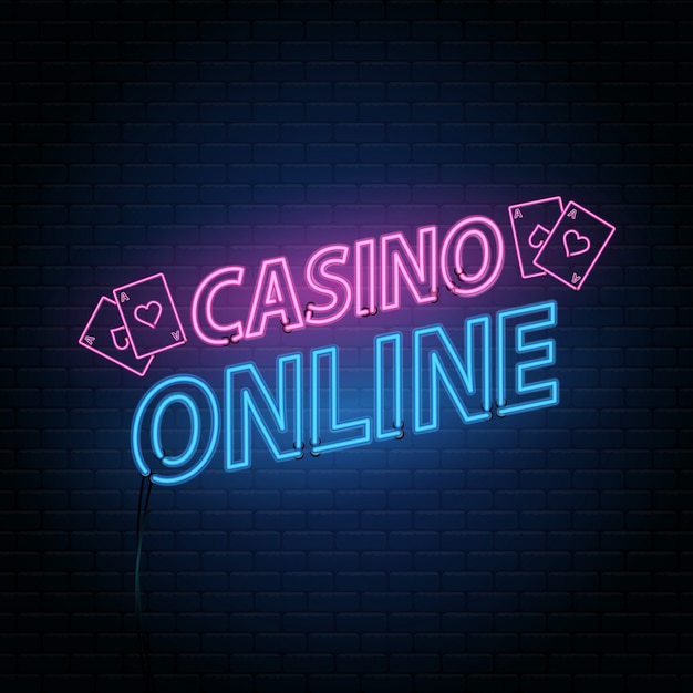 Casino online, neon belettering op bakstenen muur achtergrond met het alfabet.