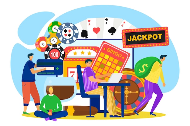 Vettore casinò online, illustrazione vettoriale. gioco della fortuna, jackpot e ruota della fortuna, il personaggio delle persone uomo donna gioca d'azzardo in internet. vincitore con sacco di soldi, smartphone, fiches da poker e carta da bingo.