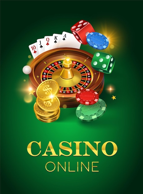 Casino op een groene achtergrond. gouden munten, kaarten, roulette en fiches. verticaal formaat. illustratie